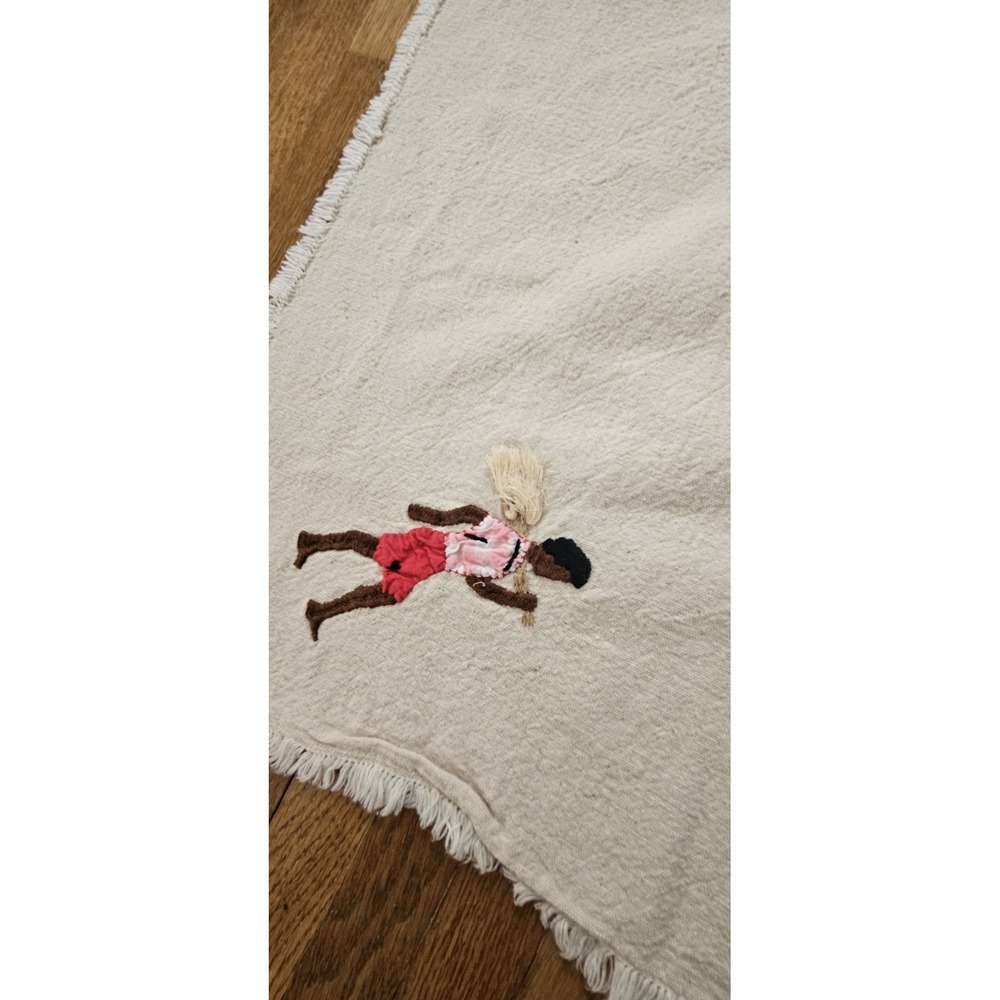 VtgCaribbean hand stitched embroidered tablecloth JAMAICAN FOLK ART linen 42x70" - Picture 5 of 9